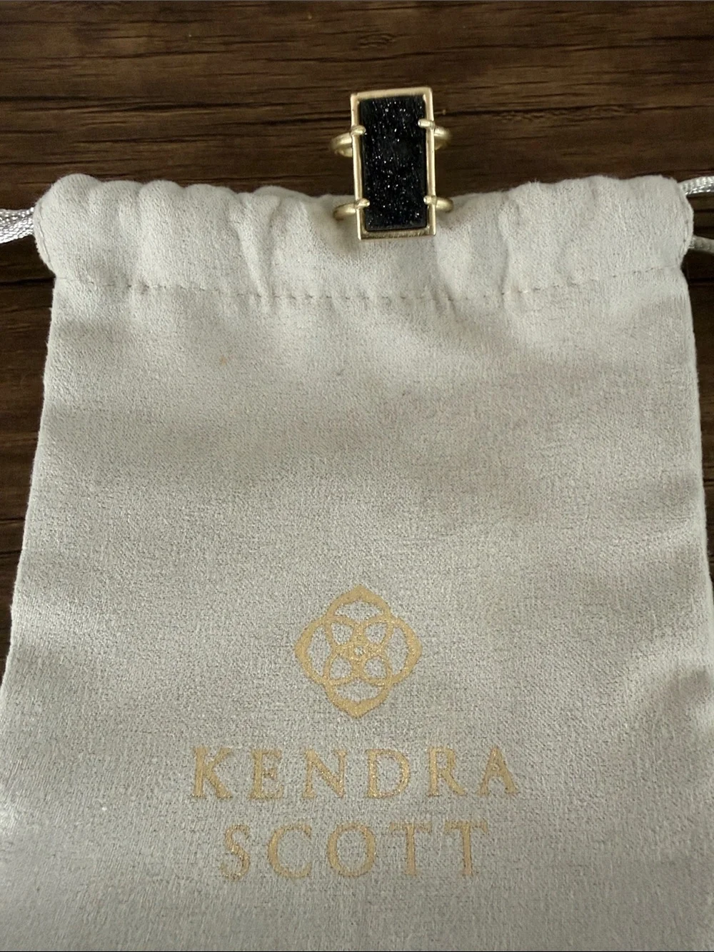 Kendra Scott Gold-Tone Ring with Black Druzy Rectangle. Adjustable.